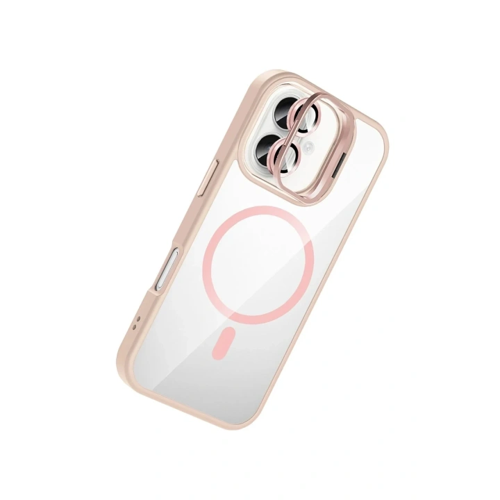 Mey İthalat®   iPhone 16 Plus Remim Lensli Magsafe Standlı Kapak - Pembe