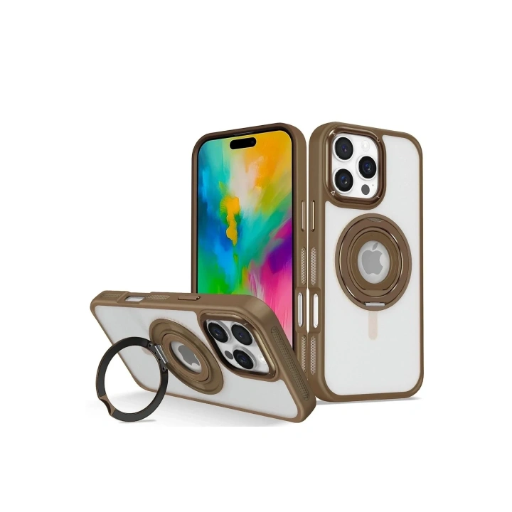 Mey İthalat®  iPhone 16 Pro Banza Magsafe Standlı Kapak - Kahverengi