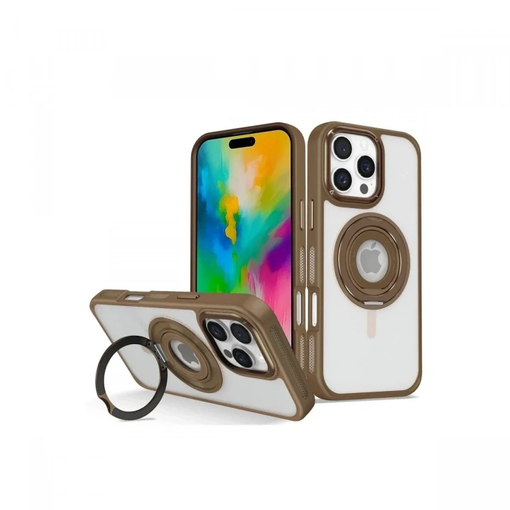 Mey İthalat®  iPhone 16 Pro Banza Magsafe Standlı Kapak - Kahverengi