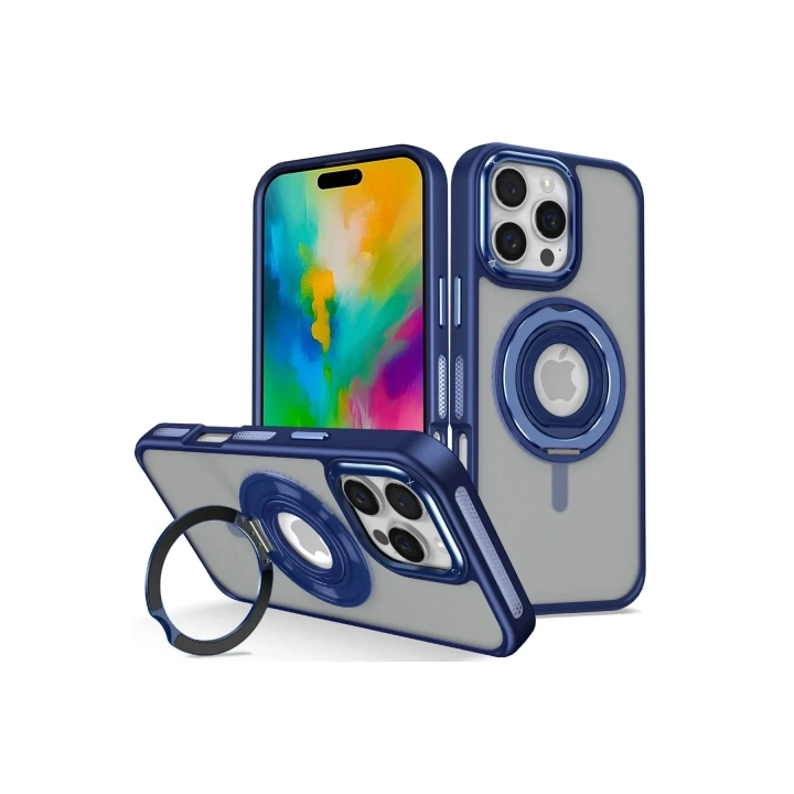 Mey İthalat®  iPhone 16 Pro Banza Magsafe Standlı Kapak - Lacivert