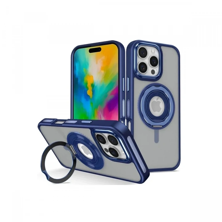 Mey İthalat®  iPhone 16 Pro Banza Magsafe Standlı Kapak - Lacivert