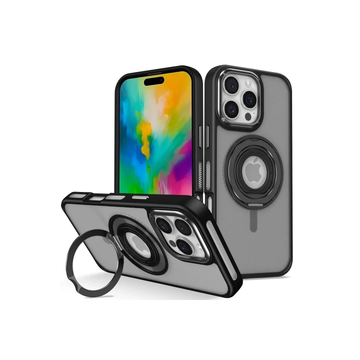 Mey İthalat®  iPhone 16 Pro Banza Magsafe Standlı Kapak - Siyah