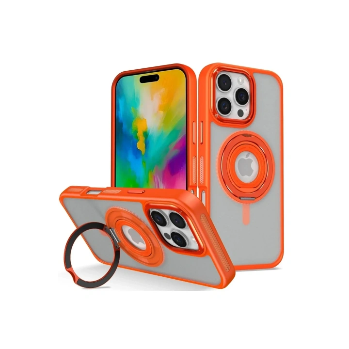 Mey İthalat®  iPhone 16 Pro Banza Magsafe Standlı Kapak - Turuncu
