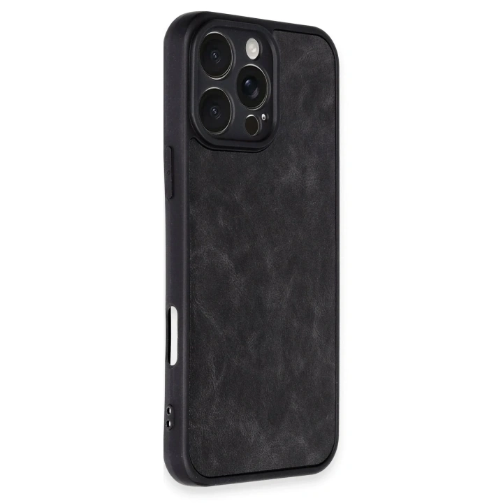 Mey İthalat®  iPhone 16 Pro Kılıf Aras Deri Kapak - Siyah