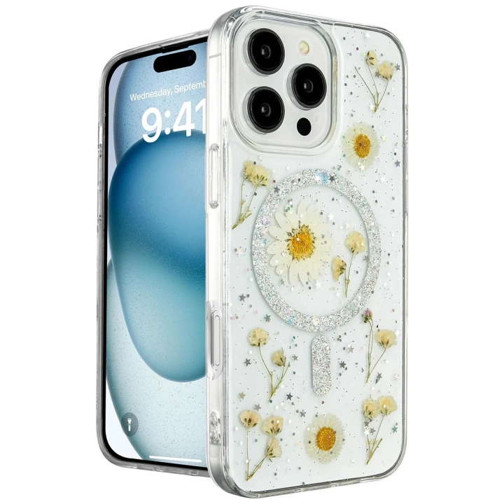 Mey İthalat®  iPhone 16 Pro Kılıf Daisy Simli Magsafe Kapak - Gümüş