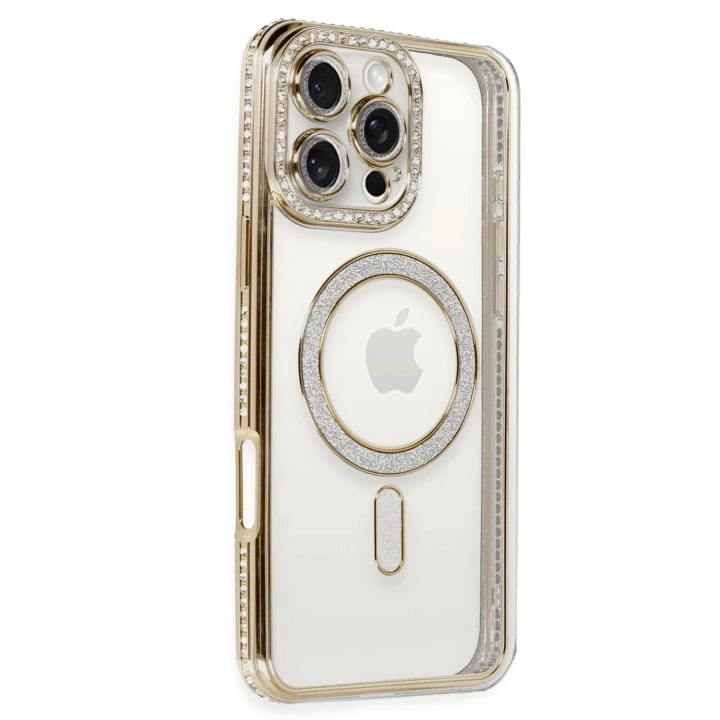 Mey İthalat®  iPhone 16 Pro Kılıf Joke Simli Magneticsafe Kılıf - Gold