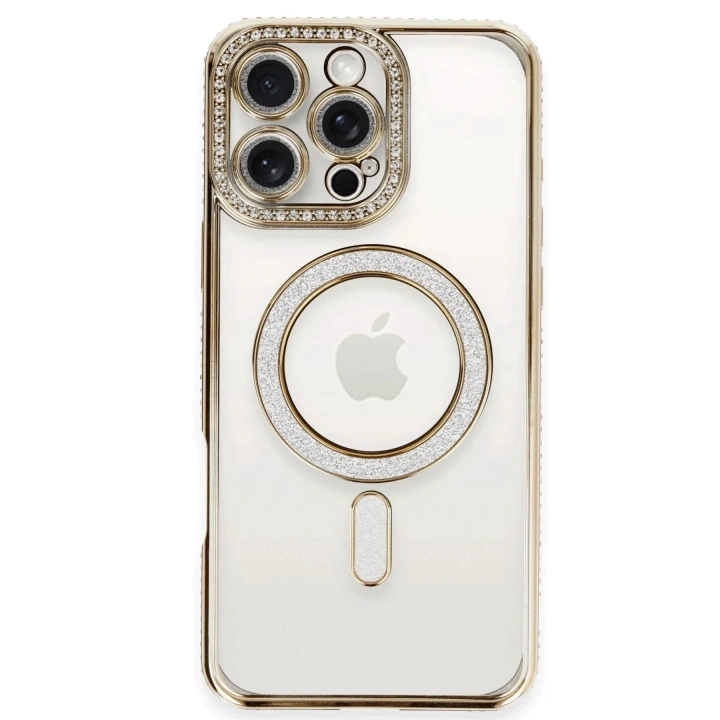 Mey İthalat®  iPhone 16 Pro Kılıf Joke Simli Magneticsafe Kılıf - Gold