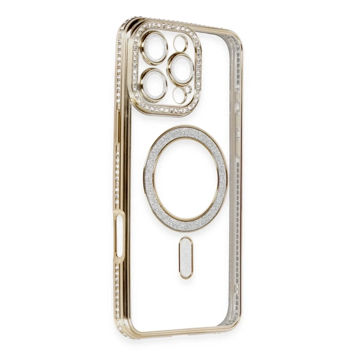 Mey İthalat®  iPhone 16 Pro Kılıf Joke Simli Magneticsafe Kılıf - Gold