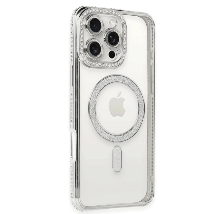 Mey İthalat®  iPhone 16 Pro Kılıf Joke Simli Magneticsafe Kılıf - Gümüş