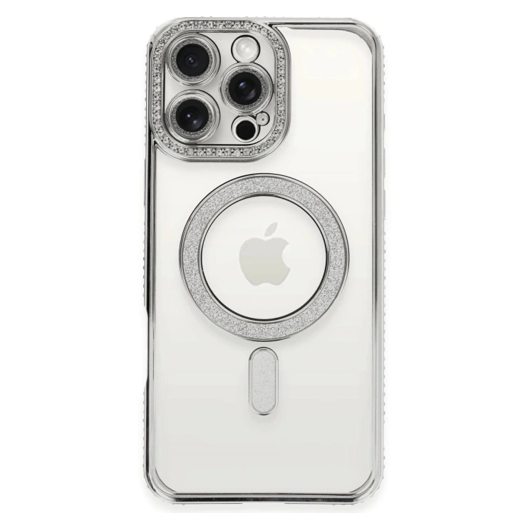 Mey İthalat®  iPhone 16 Pro Kılıf Joke Simli Magneticsafe Kılıf - Gümüş