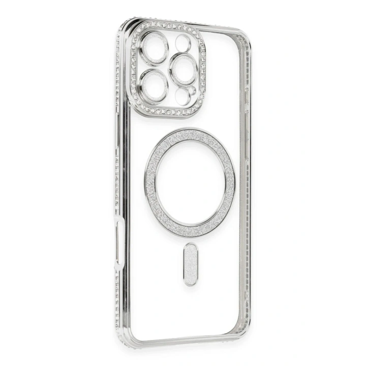Mey İthalat®  iPhone 16 Pro Kılıf Joke Simli Magneticsafe Kılıf - Gümüş