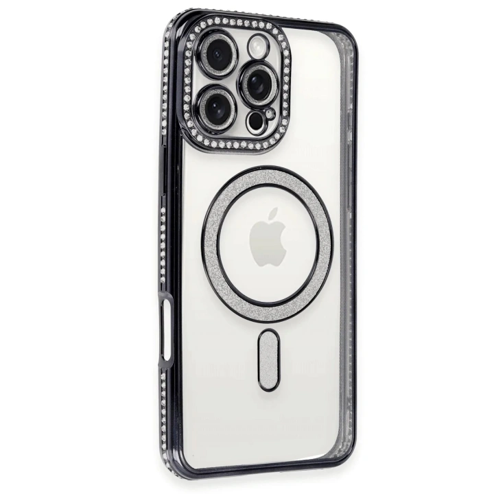 Mey İthalat®  iPhone 16 Pro Kılıf Joke Simli Magneticsafe Kılıf - Siyah