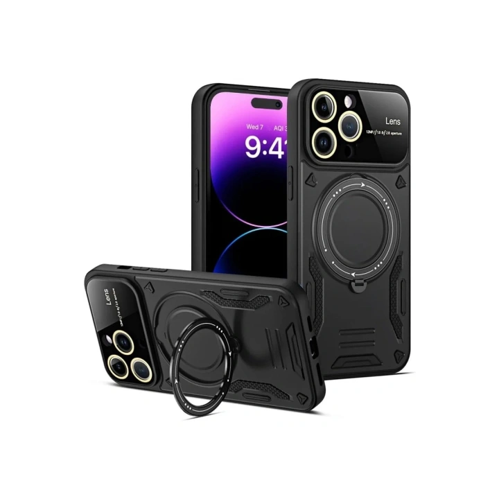 Mey İthalat®  iPhone 16 Pro Kılıf Joy Lens Standlı Kapak - Siyah