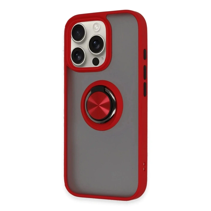 Mey İthalat®  iPhone 16 Pro Kılıf Montreal Yüzüklü Silikon Kapak - Kırmızı