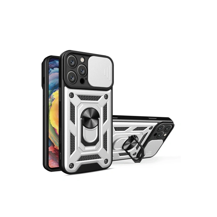 Mey İthalat®  iPhone 16 Pro Kılıf Pars Lens Yüzüklü Silikon - Gümüş