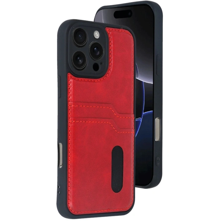 Mey İthalat®  iPhone 16 Pro Kılıf Sara Kartvizitli Deri Kılıf - Kırmızı