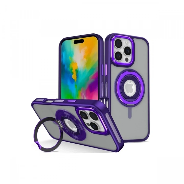 Mey İthalat®  iPhone 16 Pro Max Banza Magsafe Standlı Kapak - Derin Mor