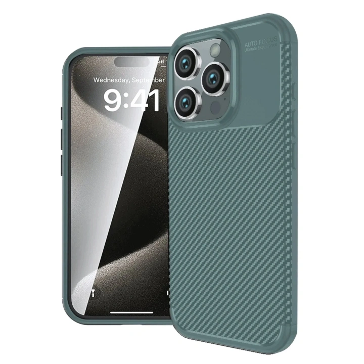 Mey İthalat®  iPhone 16 Pro Max Kılıf Auto Focus Karbon Kapak - Koyu Yeşil