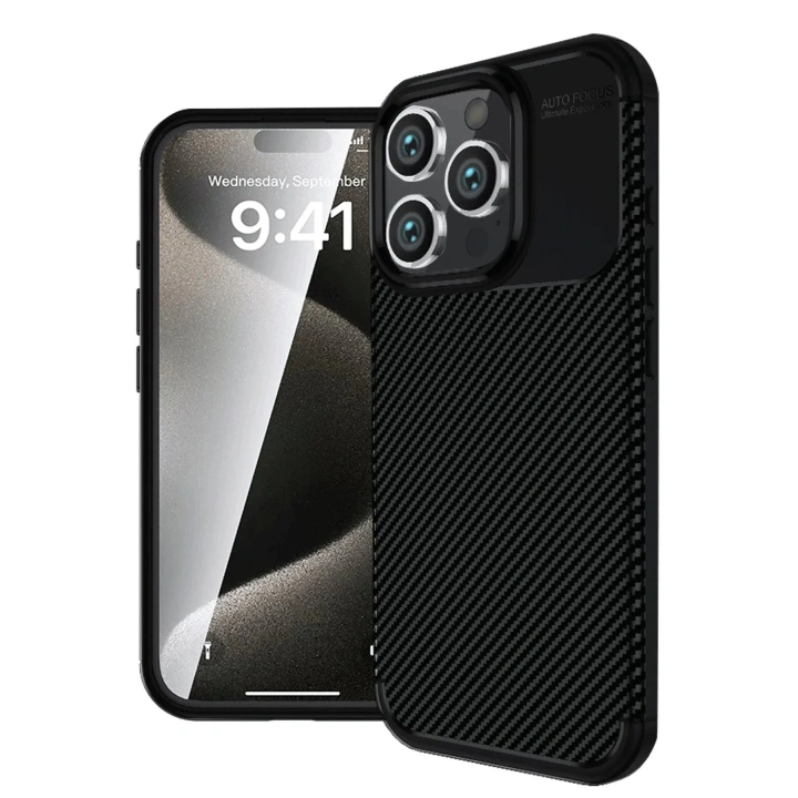 Mey İthalat®  iPhone 16 Pro Max Kılıf Auto Focus Karbon Kapak - Siyah