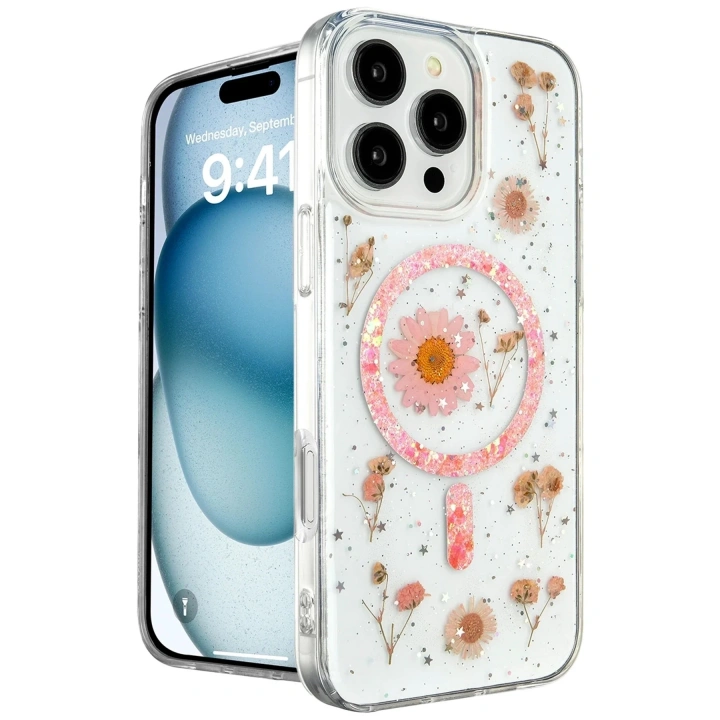 Mey İthalat®  iPhone 16 Pro Max Kılıf Daisy Simli Magsafe Kapak - Pembe