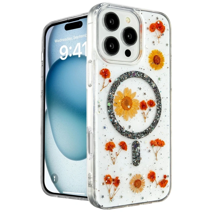 Mey İthalat®  iPhone 16 Pro Max Kılıf Daisy Simli Magsafe Kapak - Siyah