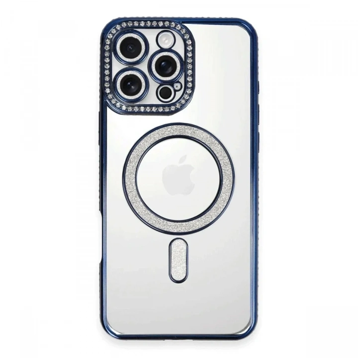 Mey İthalat®  iPhone 16 Pro Max Kılıf Joke Simli Magneticsafe Kılıf - Lacivert