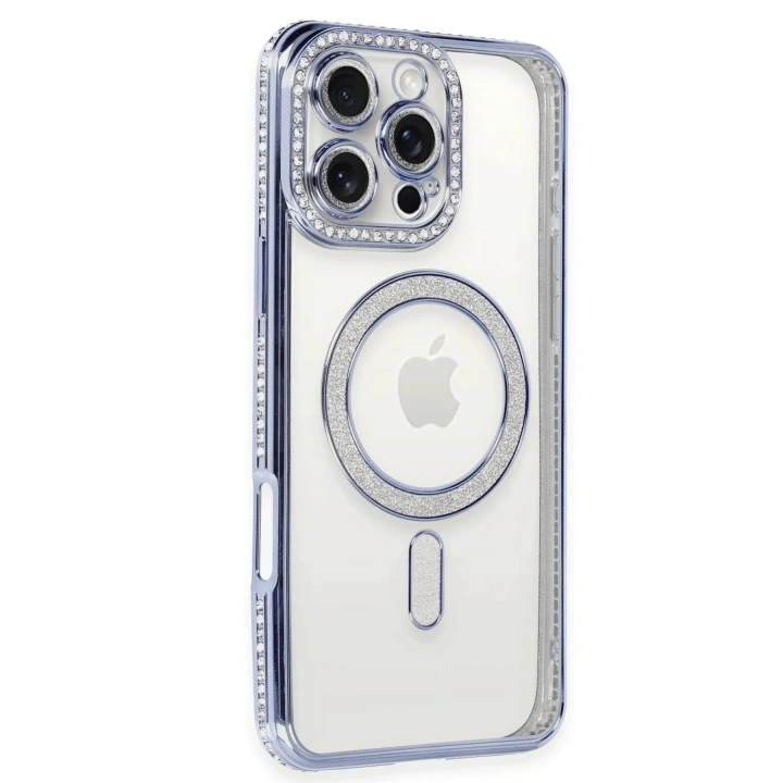 Mey İthalat®  iPhone 16 Pro Max Kılıf Joke Simli Magneticsafe Kılıf - Mavi