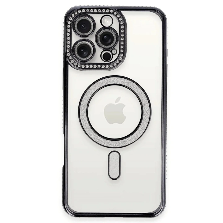 Mey İthalat®  iPhone 16 Pro Max Kılıf Joke Simli Magneticsafe Kılıf - Siyah