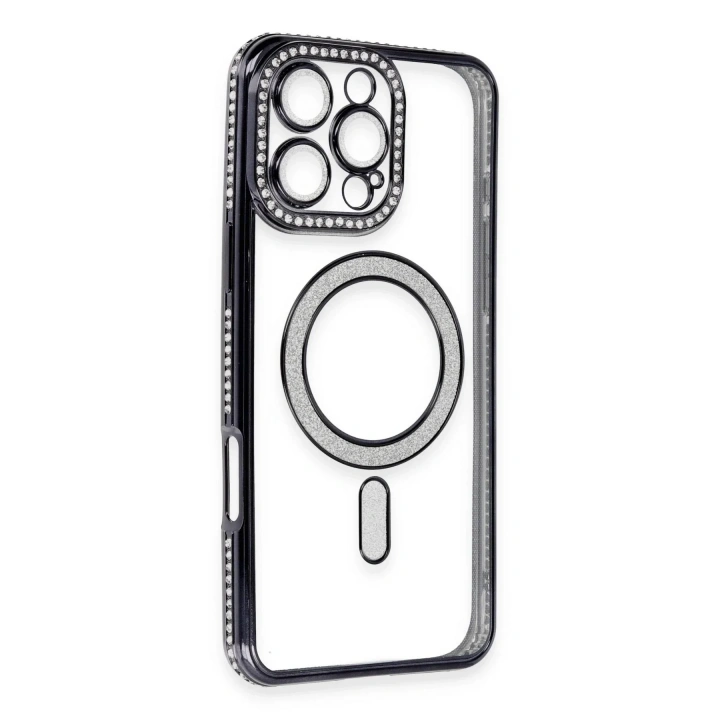 Mey İthalat®  iPhone 16 Pro Max Kılıf Joke Simli Magneticsafe Kılıf - Siyah