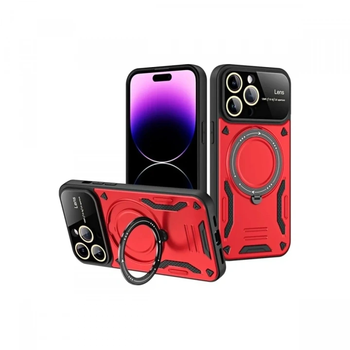 Mey İthalat®  iPhone 16 Pro Max Kılıf Joy Lens Standlı Kapak - Kırmızı