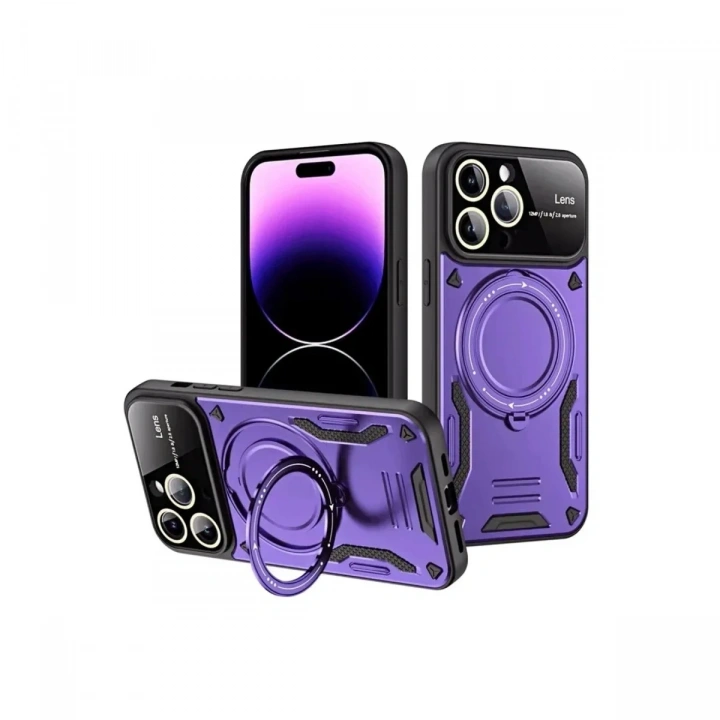 Mey İthalat®  iPhone 16 Pro Max Kılıf Joy Lens Standlı Kapak - Mor