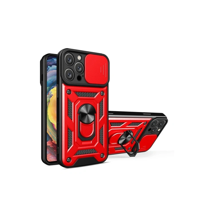Mey İthalat®  iPhone 16 Pro Max Kılıf Pars Lens Yüzüklü Silikon - Kırmızı