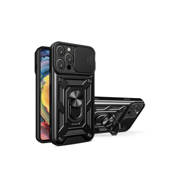 Mey İthalat®  iPhone 16 Pro Max Kılıf Pars Lens Yüzüklü Silikon - Siyah