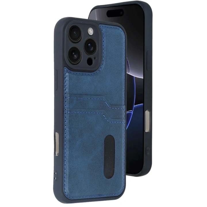 Mey İthalat®  iPhone 16 Pro Max Kılıf Sara Kartvizitli Deri Kılıf - Lacivert