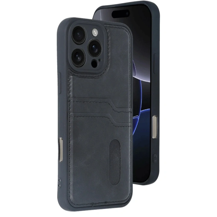 Mey İthalat®  iPhone 16 Pro Max Kılıf Sara Kartvizitli Deri Kılıf - Siyah