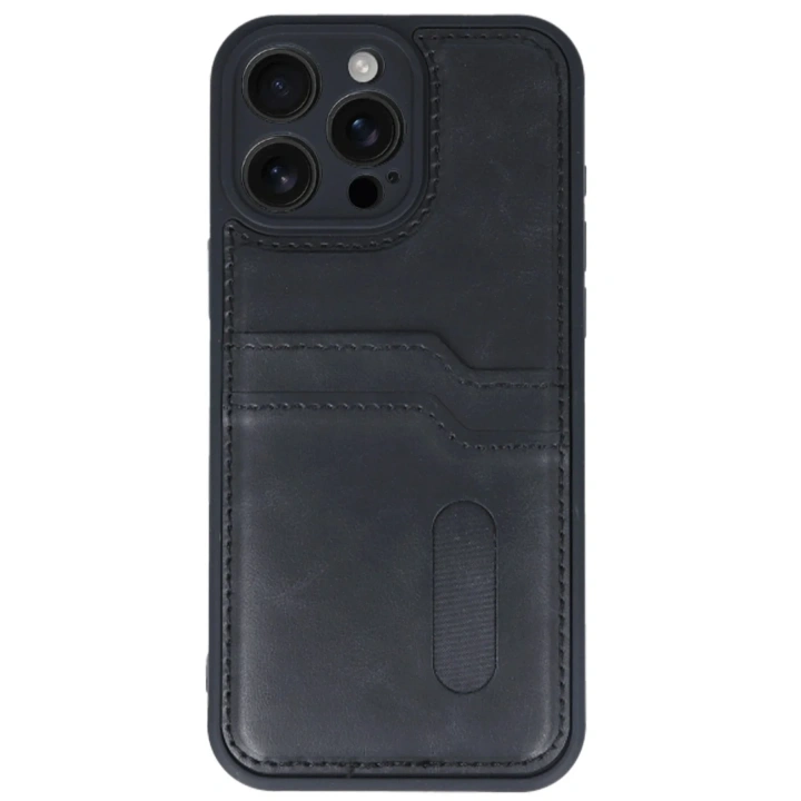 Mey İthalat®  iPhone 16 Pro Max Kılıf Sara Kartvizitli Deri Kılıf - Siyah