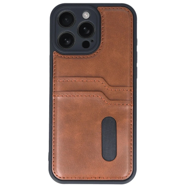 Mey İthalat®  iPhone 16 Pro Max Kılıf Sara Kartvizitli Deri Kılıf - Taba
