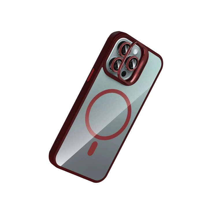 Mey İthalat®   iPhone 16 Pro Max Remim Lensli Magsafe Standlı Kapak - Bordo