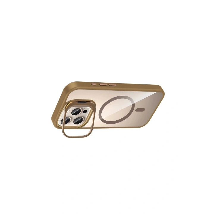 Mey İthalat®   iPhone 16 Pro Max Remim Lensli Magsafe Standlı Kapak - Kahverengi