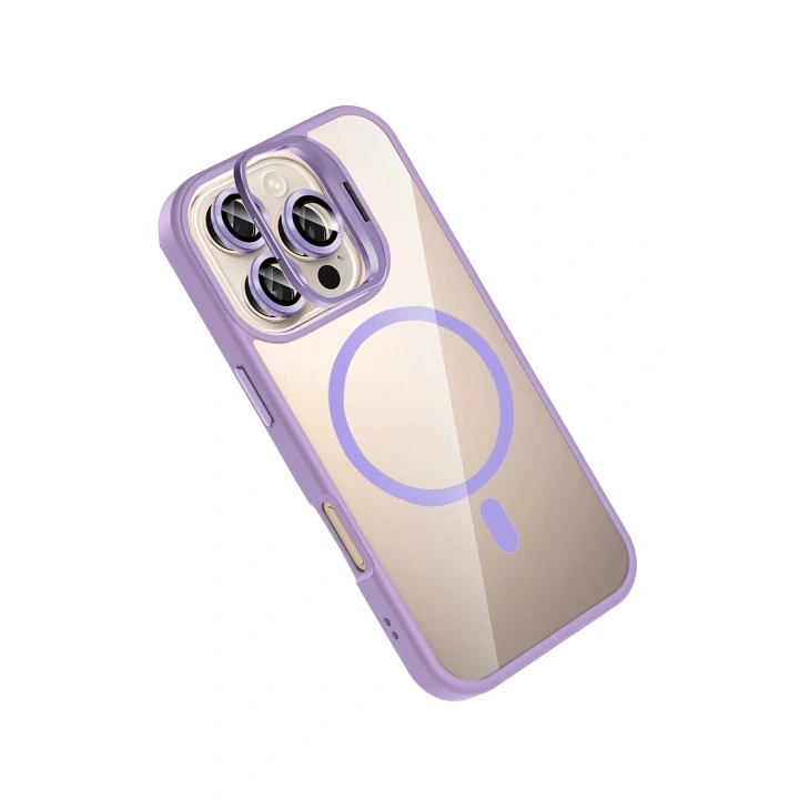 Mey İthalat®   iPhone 16 Pro Max Remim Lensli Magsafe Standlı Kapak - Lila