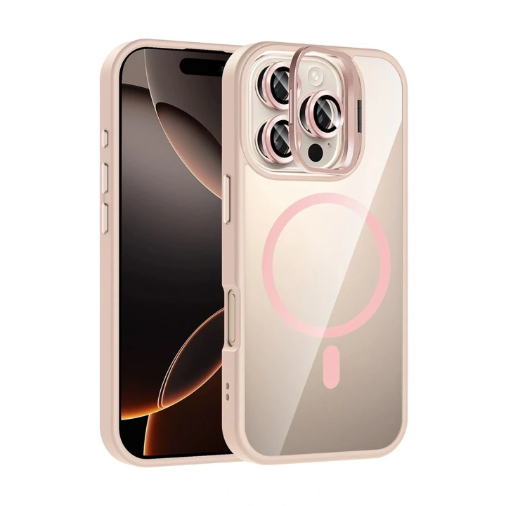 Mey İthalat®   iPhone 16 Pro Max Remim Lensli Magsafe Standlı Kapak - Pembe