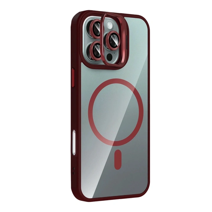 Mey İthalat®   iPhone 16 Pro Remim Lensli Magsafe Standlı Kapak - Bordo