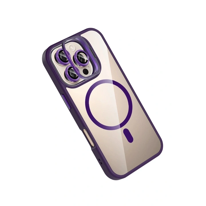 Mey İthalat®   iPhone 16 Pro Remim Lensli Magsafe Standlı Kapak - Derin Mor