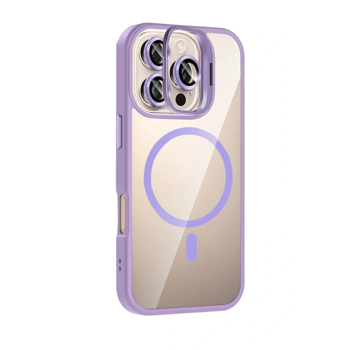 Mey İthalat®   iPhone 16 Pro Remim Lensli Magsafe Standlı Kapak - Lila