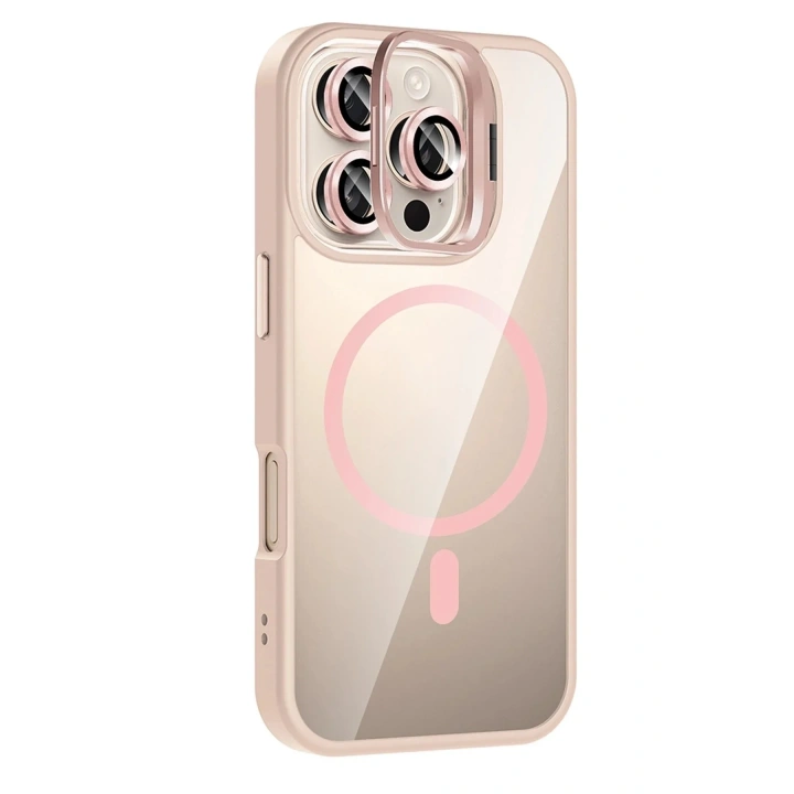 Mey İthalat®   iPhone 16 Pro Remim Lensli Magsafe Standlı Kapak - Pembe