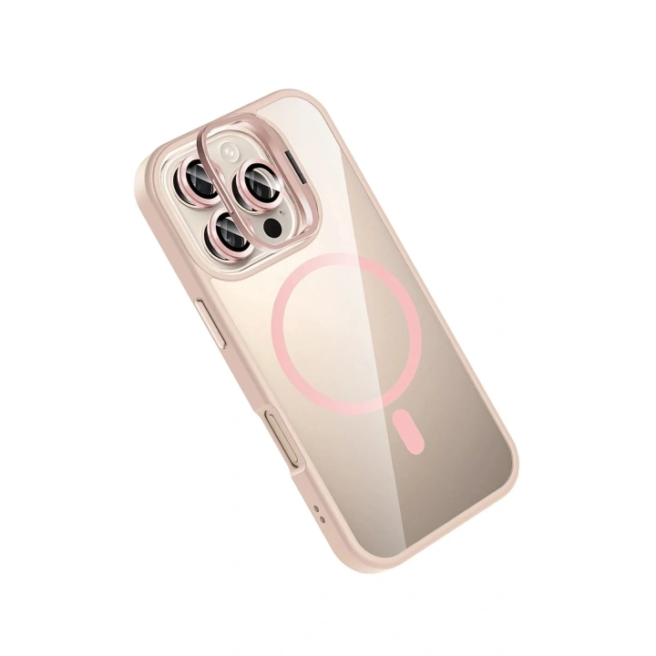 Mey İthalat®   iPhone 16 Pro Remim Lensli Magsafe Standlı Kapak - Pembe