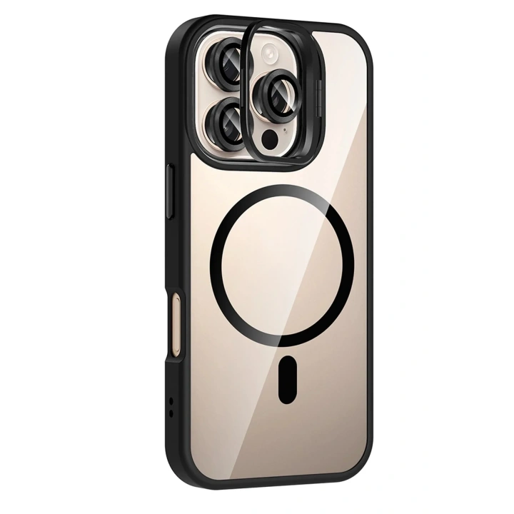 Mey İthalat®   iPhone 16 Pro Remim Lensli Magsafe Standlı Kapak - Siyah