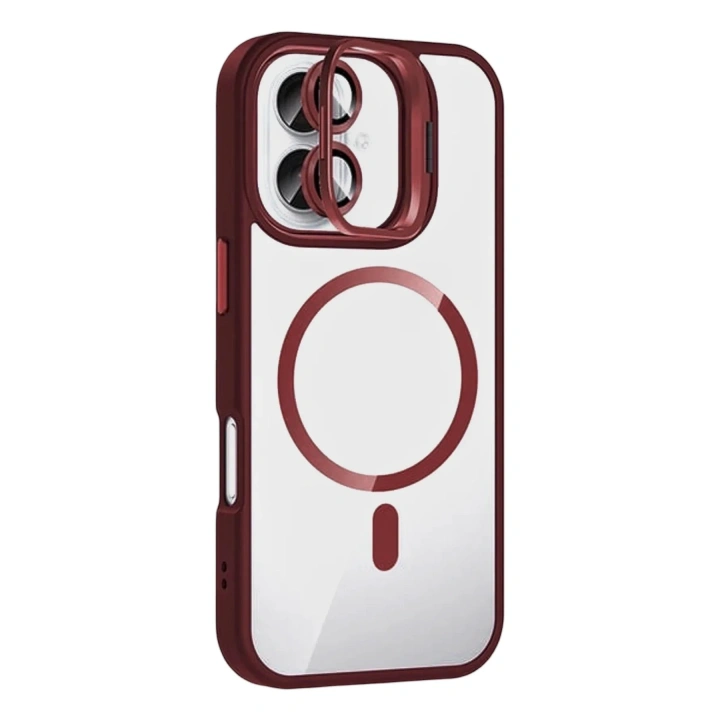 Mey İthalat®   iPhone 16 Remim Lensli Magsafe Standlı Kapak - Bordo