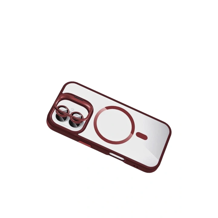 Mey İthalat®   iPhone 16 Remim Lensli Magsafe Standlı Kapak - Bordo