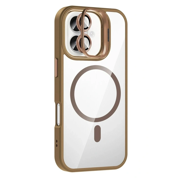 Mey İthalat®   iPhone 16 Remim Lensli Magsafe Standlı Kapak - Kahverengi